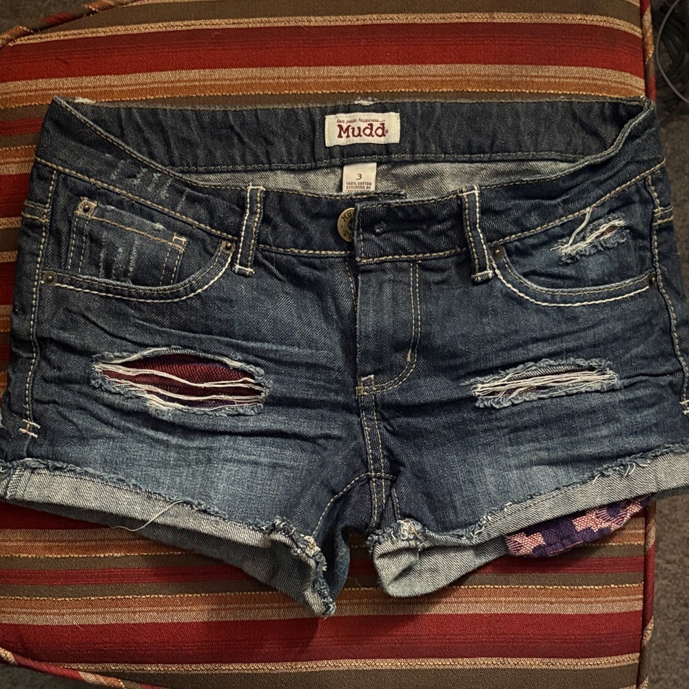 Mudd Women's Ripped Jean Shorts - Dark Blue